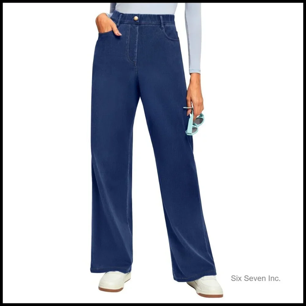 Wide Leg Pull On Jeans High Waisted Stretchy Denim Casual Baggy Straight Fit